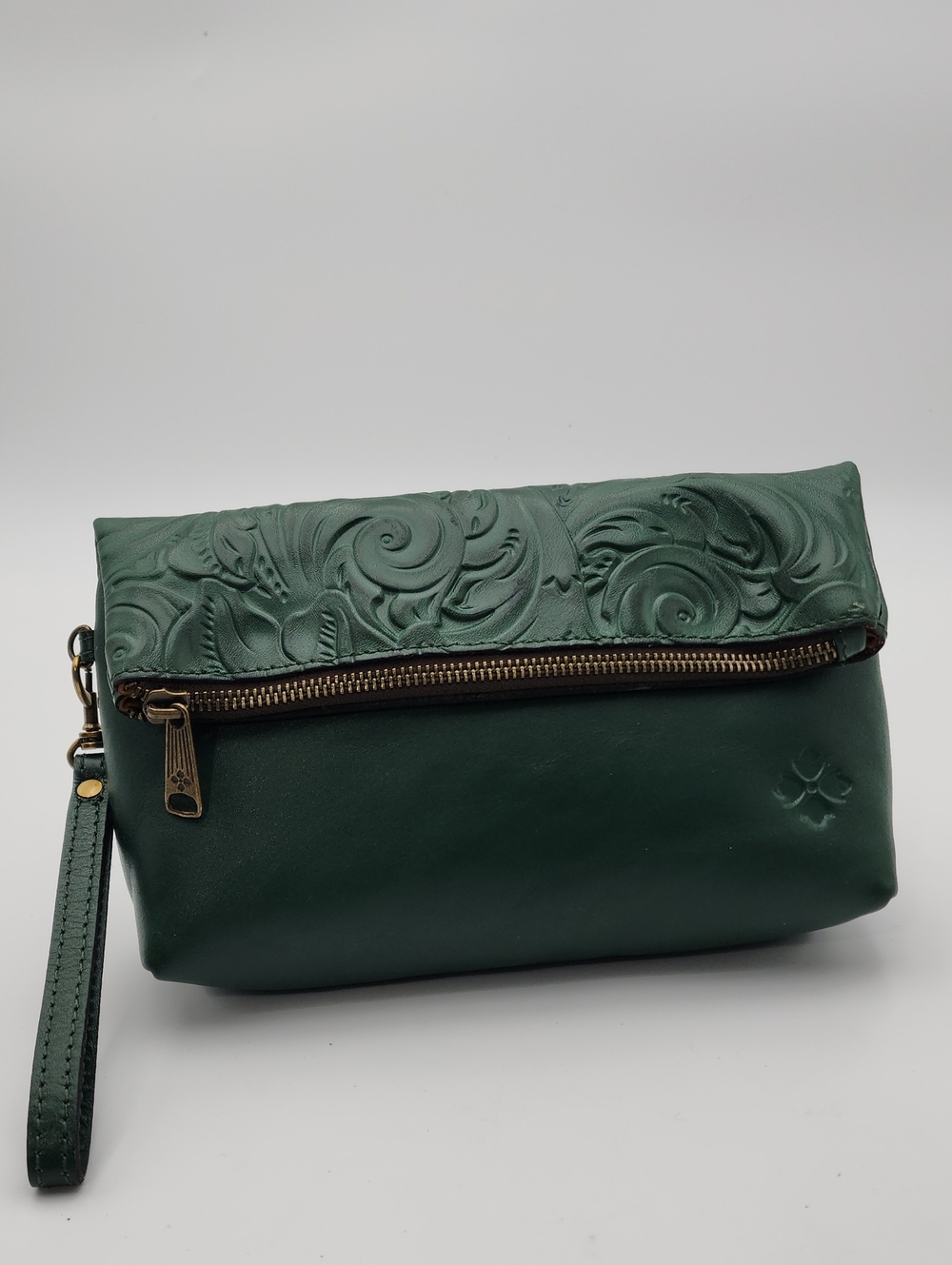 Patricia Nash "Valerie" Fold-Over Tooled Leather Clutch Wristlet — Soft Green